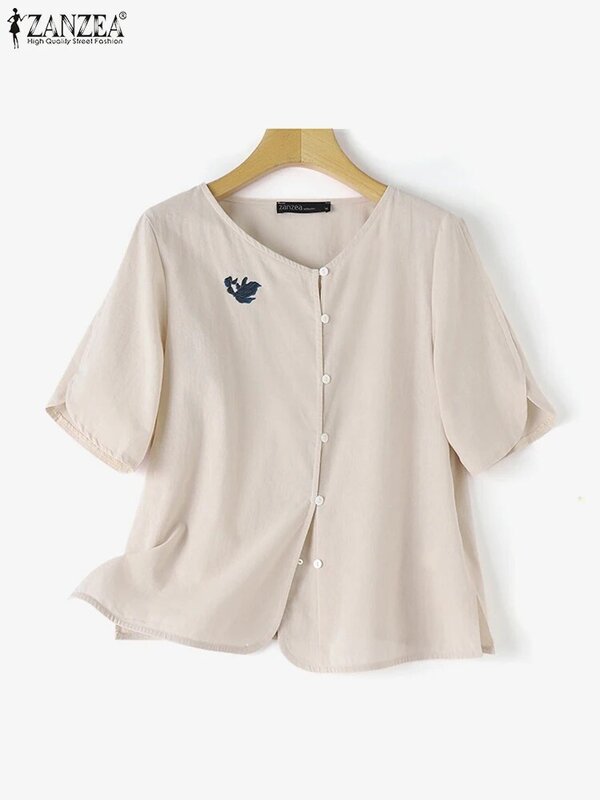 ZANZEA-Blusa de trabajo Vintage para mujer, camisa de media manga con cuello en V, bordado, informal