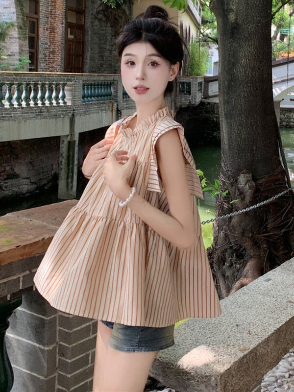 Ruffled Blouses Women Striped Creativity Folds Simple All-match Daily Korean Style Students Leisure Lovely Stylish Tender New