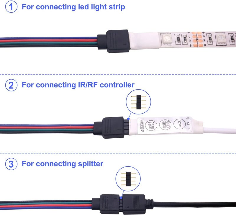 5050 LED RGB Strip Light Connector 4 Pin Conductor 10mm Strip to Controller Jumper Solderless Clip On Pigtail Power Adapter