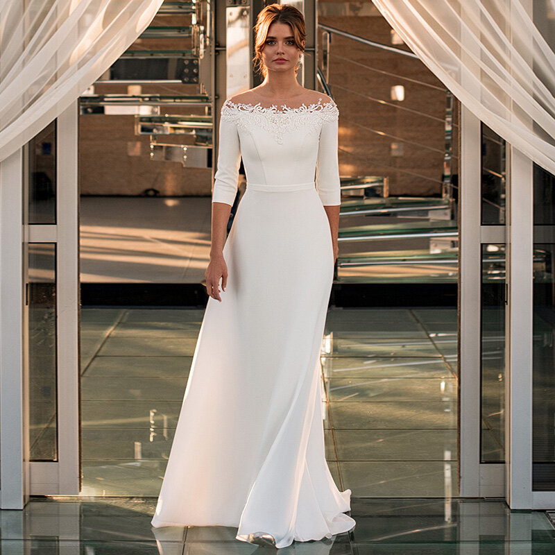 Vestido de noiva com gola redonda com apliques rendados para mulheres, vestido de noiva civil, vestido de noiva linha A manga 3/4, 2023