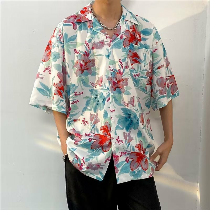 Letnia męska modna, z klapami hawajska koszula Vintage, w kwiaty z krótkim rękawem przystojna luźno dopasowane na co dziń z nadrukiem bluzka