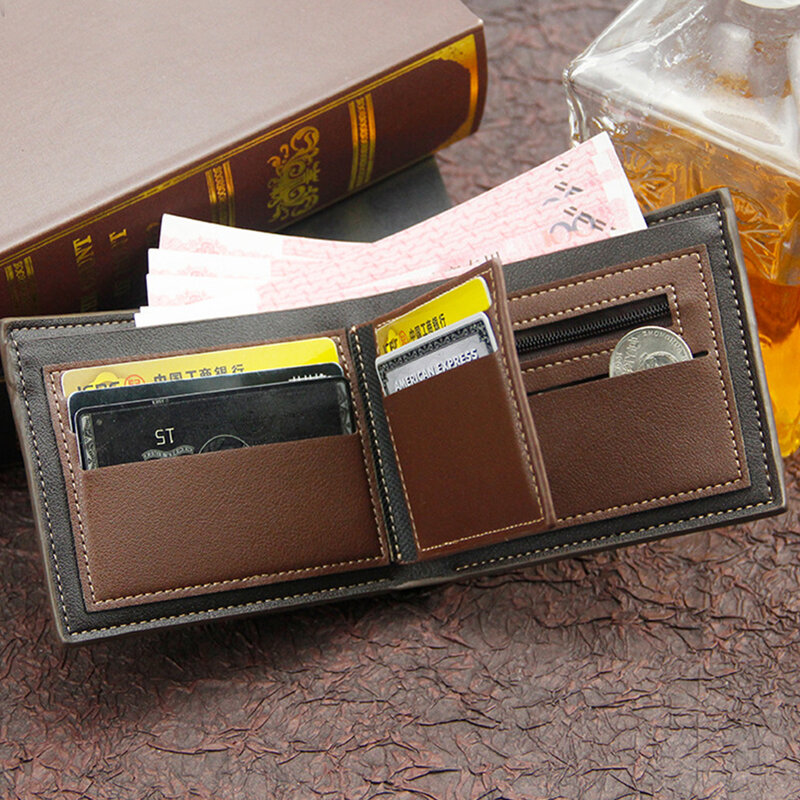 Carteiras de couro curto fosco masculino, clássico bolso com moedas, titular do cartão, titular do cartão, porta-fotos, fino, pequeno, bolsas masculinas