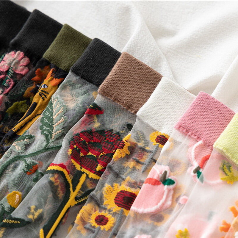 Calcetines divertidos de diseño abstracto transparente para Mujer, medias de encaje, Jacquard, arte Floral fresco de Francia