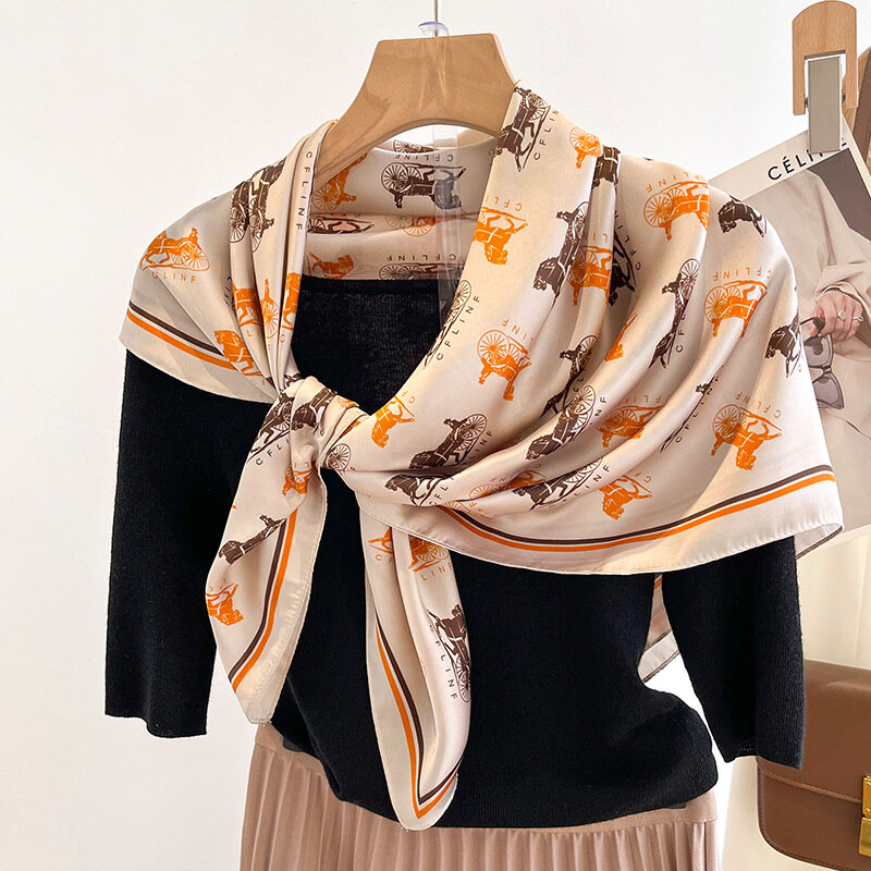 Foulard en sergé de soie pour femmes, imprimé à carreaux, châle, col carré, Hijab, Bandana, accessoires pour cheveux, Bufanda
