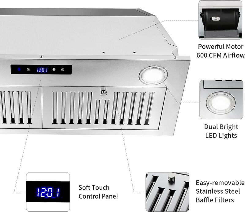 Tieasy 30 pollici 600CFM inserto montaggio condotto/Ductless Touch Panel luci Led cappa da cucina in acciaio inox per cucina USGB1370 muslimtc