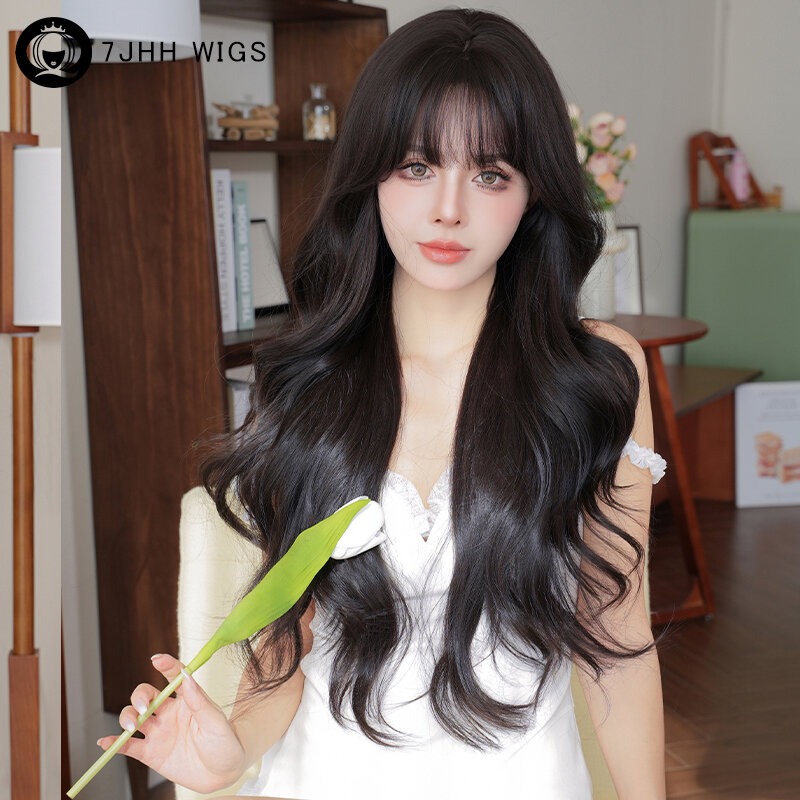 7JHH WIGS Synthetic Layered Body Wavy Dark Brown Wig for Women High Density Fashion Black Tea Curly Hair Wigs with Fluffy Bangs