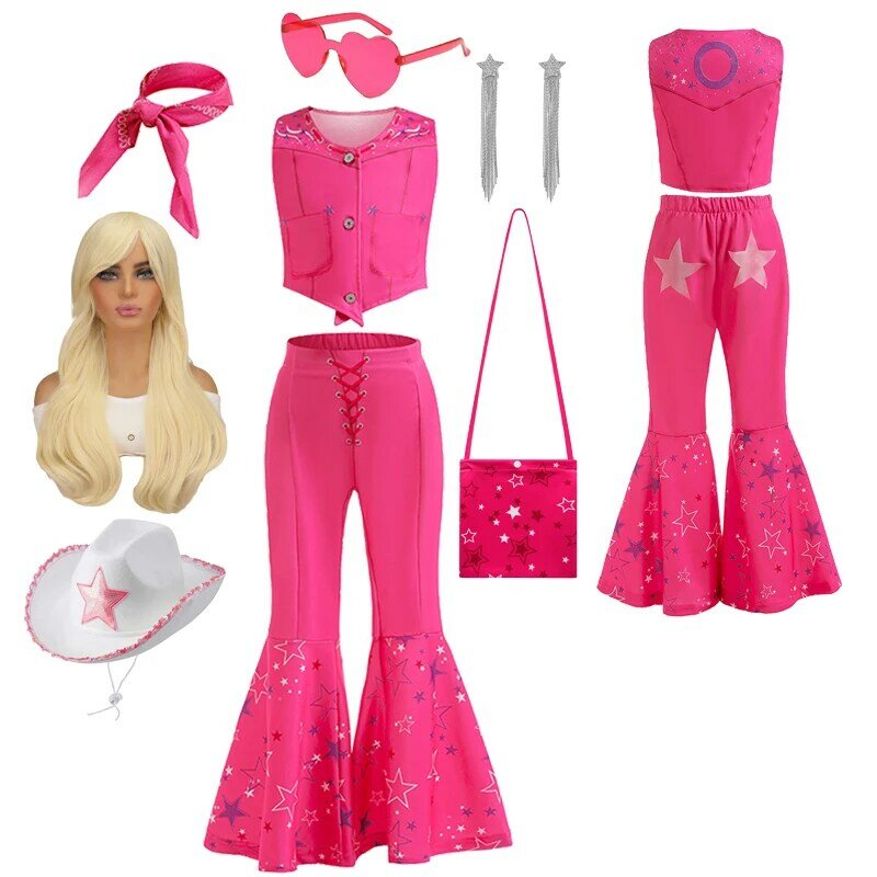 Kostium filmowy Barbi dla małe dziewczynki Margot Robbie Barbe różowy Top i spodnie dzwony garnitur dla dzieci na przyjęcie urodzinowe Halloween