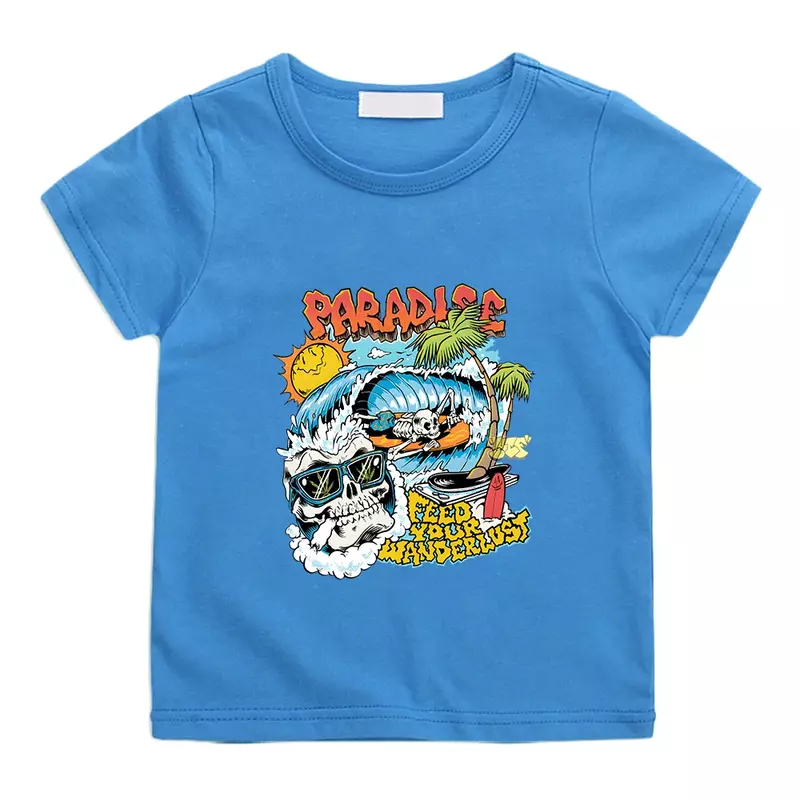 Kaus musim panas Paradise Skeleton T-shirt kasual lengan pendek katun 100% T-shirt gambar grafis kartun Kawaii anak laki-laki dan perempuan