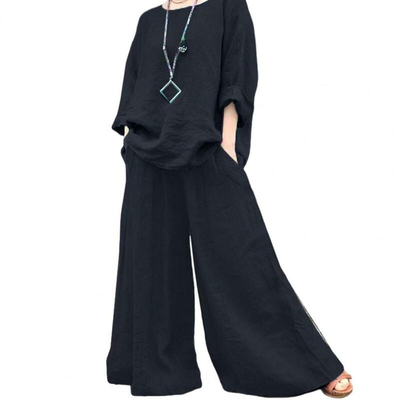 Женский комплект из 2 предметов, свободная футболка с круглым вырезом и длинным рукавом, брюки с широкими штанинами и глубоким шаговым швом, повседневный Топ для женщин среднего возраста, брюки-кюлоты