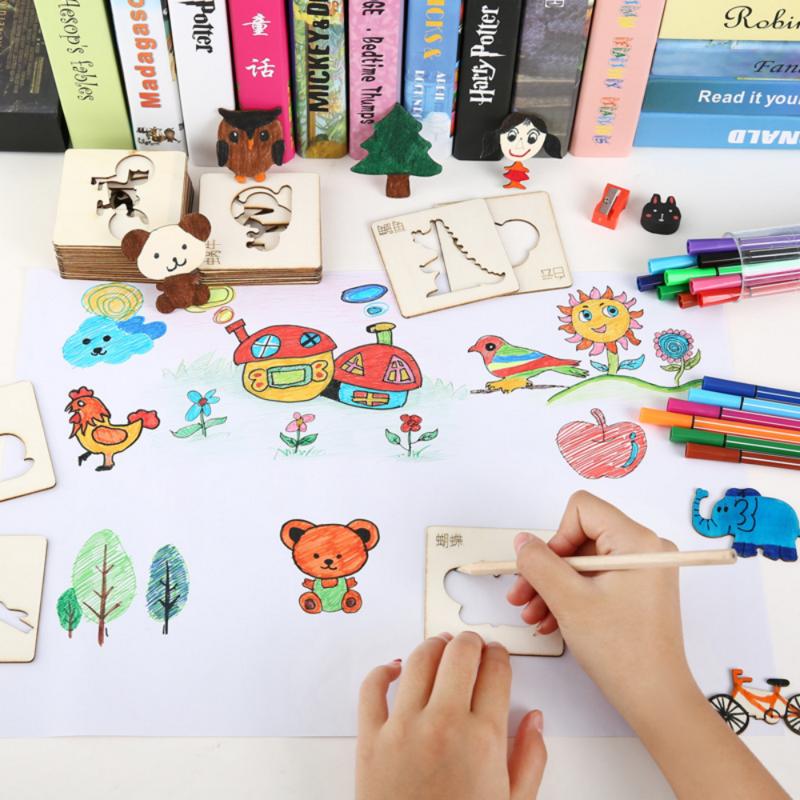 Pochoirs en bois Montessori pour enfants, jouets de dessin, modèle de peinture bricolage, cadeau d'apprentissage pour enfants, 10 pièces, 20 pièces