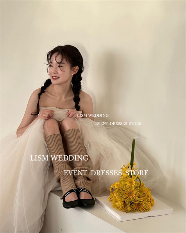 LISM Strapless A Line Korea Wedding Dresses Photos Shoot Satin Tulle Vestidos De Novia Bow Sleeveless Formal Bride Party Dress