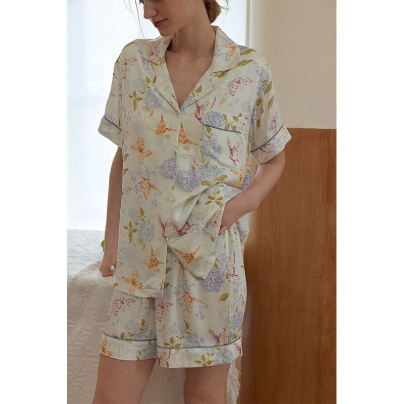 2024 Summer Satin Women's Lapel Print Short Sleeve Pajama Set with Chest Cushion Viscose Top + Shorts Loungewear Women 2 Piece