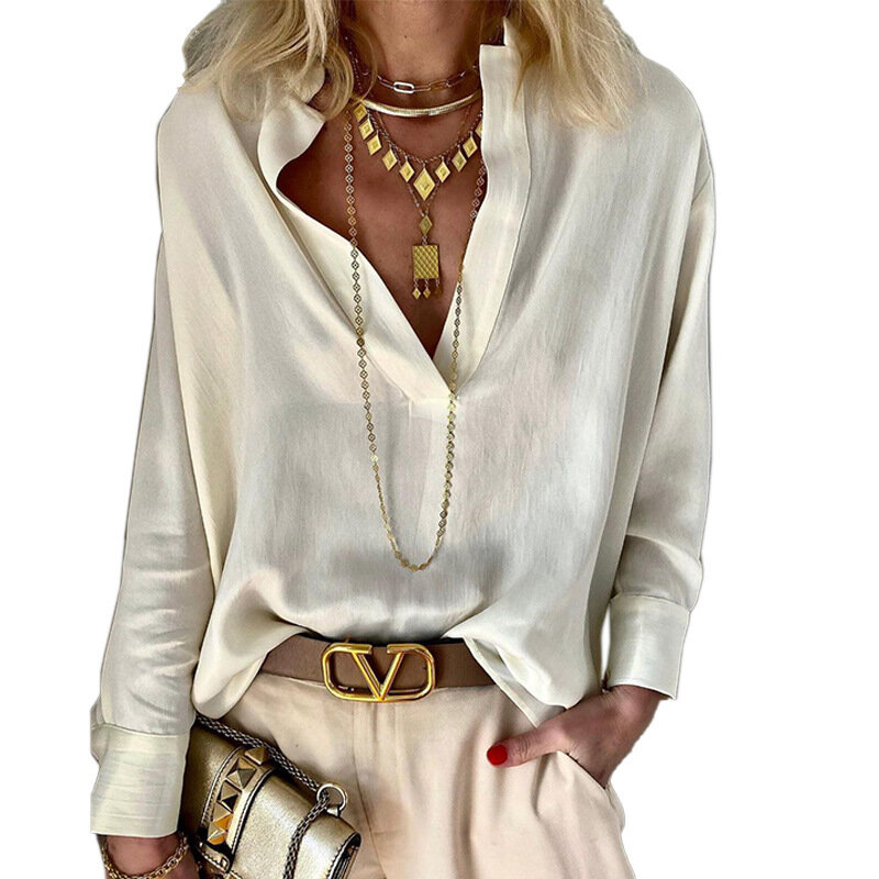 여성 긴팔 스탠딩 넥 코튼 리넨 셔츠, 단색 캐주얼 셔츠, FD889 2024, 가을 신상 패션