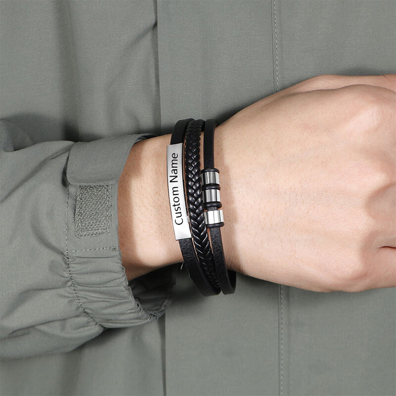 Nuovo nome personalizzato bracciale in pelle intrecciata bracciale personalizzato in acciaio inossidabile braccialetti con ciondoli da uomo gioielli regalo fidanzato