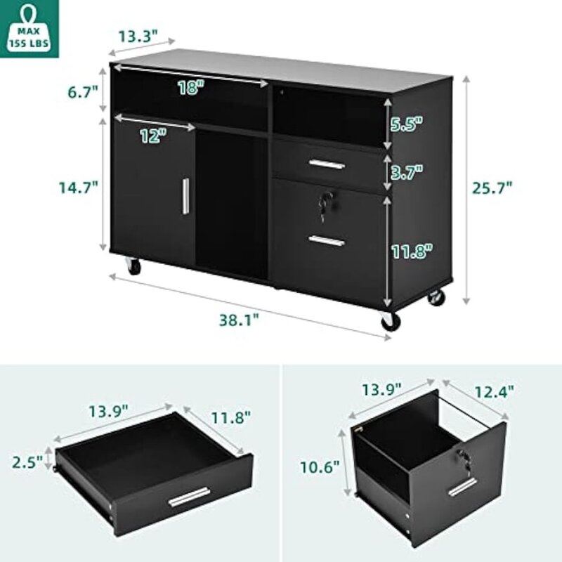 Wood Lateral File Cabinet, 2 Drawer Mobile Storage Cabinet, Fits A4, Letter Size Files, Printer Stand with Open Storage Shelves