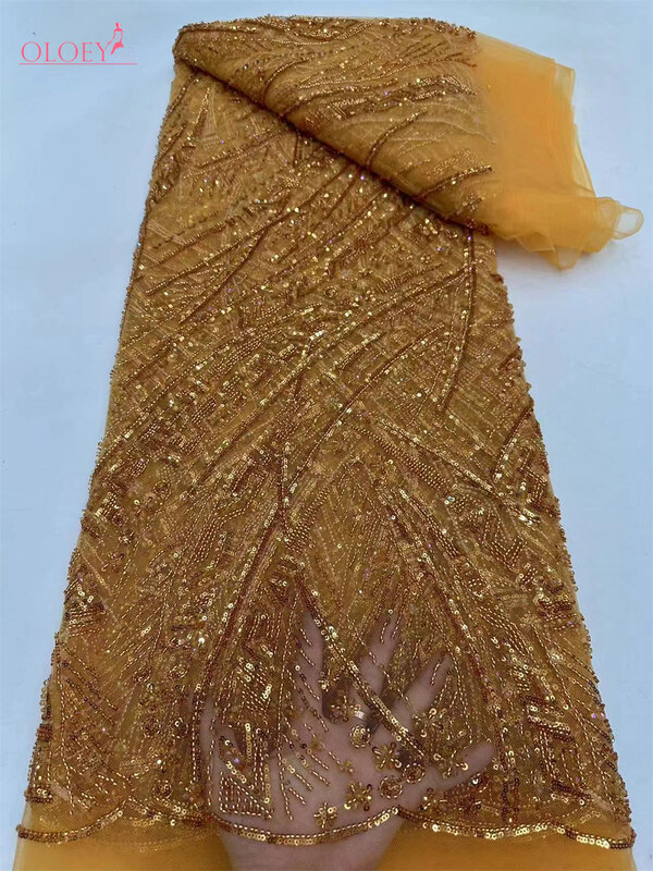 Tecido de renda pesado do noivo do bordado francês luxuoso high-end, Tecido nigeriano africano com lantejoulas, vestido de festa