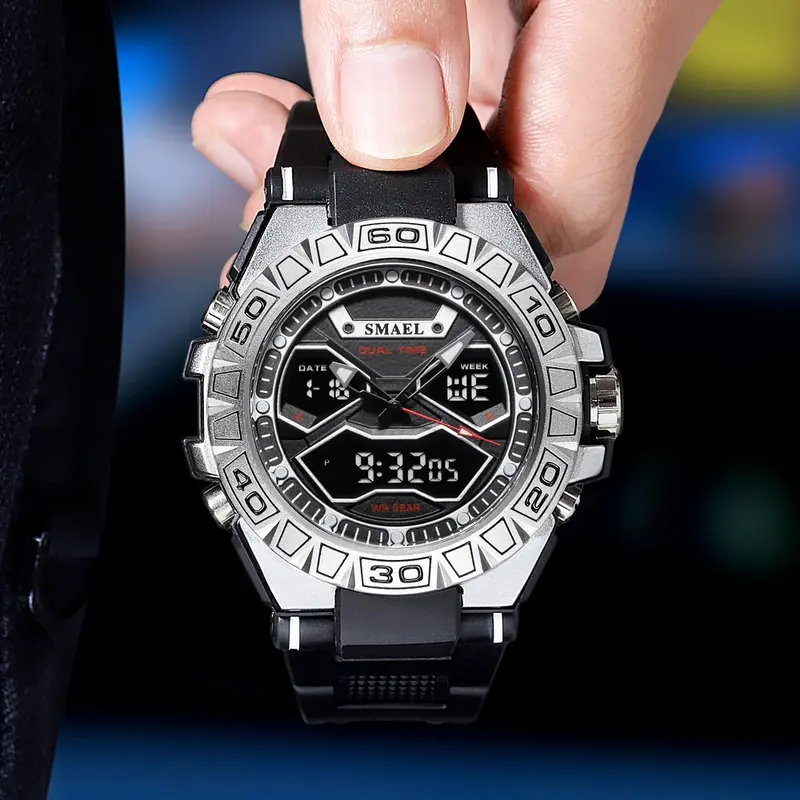 Smael-男性用高級ミリタリークォーツ時計,デジタル腕時計,耐衝撃性,防水,LED,電子ディスプレイ,デュアルディスプレイ,男性