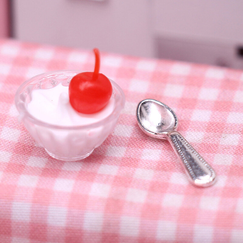 1Set 1:12 Dollhouse Miniature Cherry Cream Cup with Spoon Ice Cream Bowl Model Living Scene Decor Toy Doll House Accessories