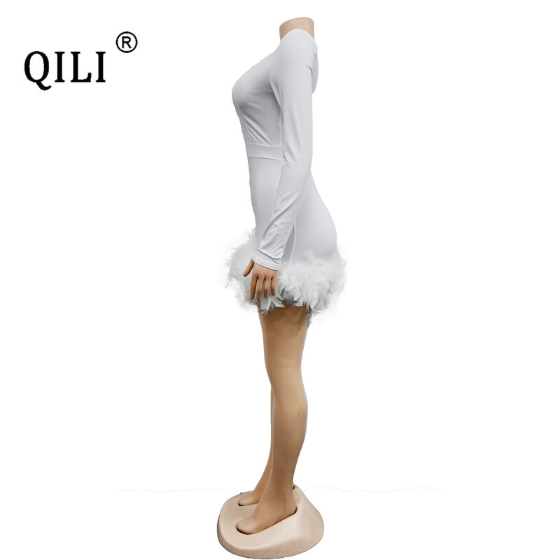 QILI-Women's Monochromatic Deep V Full Sleeve Feather Patchwork Jumpsuit, Women's Shorts