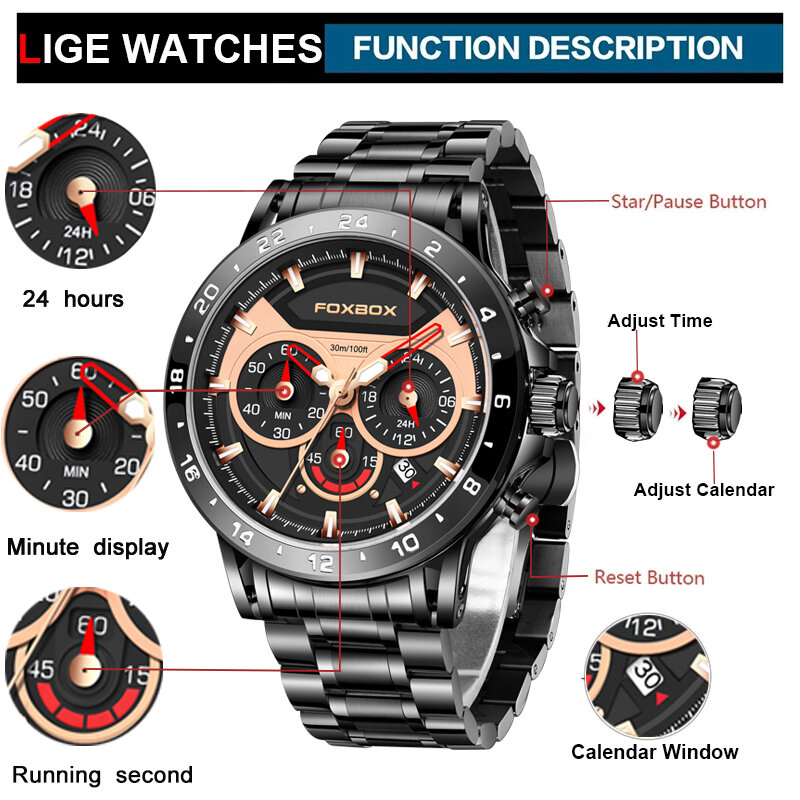 LIGE – montre à Quartz pour hommes, Date automatique, FoxBox, luxe, grande horloge, chronographe, Sport
