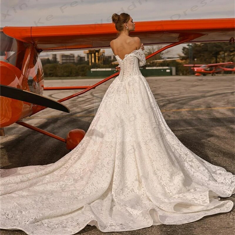 2024 화려한 여성 웨딩 드레스, 우아한 A라인 레이스 아플리케, 긴 소매 섹시한 오프 숄더 공주 신부 가운
