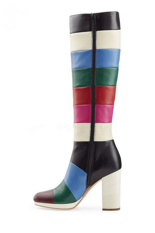 Bottes d'hiver en Patchwork multicolores en cuir rayé pour femmes, bottes hautes au genou à bout rond avec fermeture éclair et talon haut bloqué