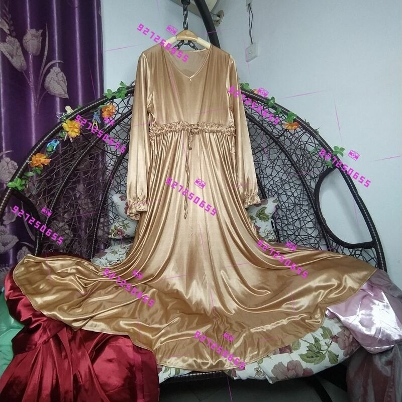 Глянцевое женское атласное платье с длинным рукавом, свободное платье макси с оборками, женское платье для сна