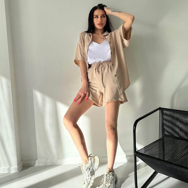 Summer Shirts Suits Women Clothes Short Sleeve Turn Down Collar Single Breasted Tops High Waist Shorts 2 Piece Set Casual Outfit