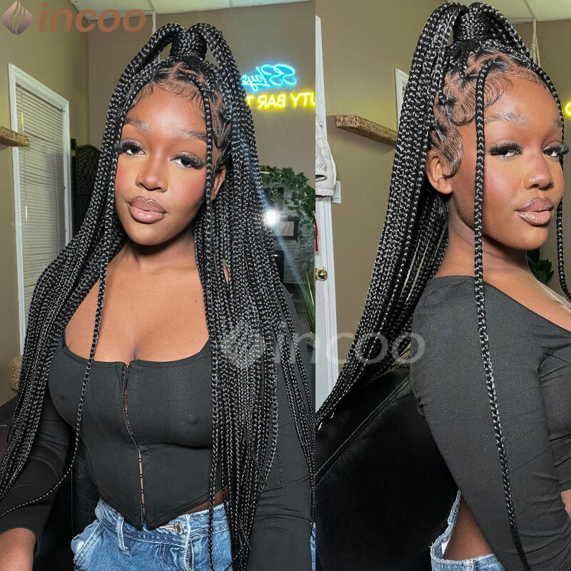36" Full Lace Braided Wigs Synthetic Box Braids Lace Front Wigs Knotless Braided Wigs Black Small Box Square Hair Wigs African
