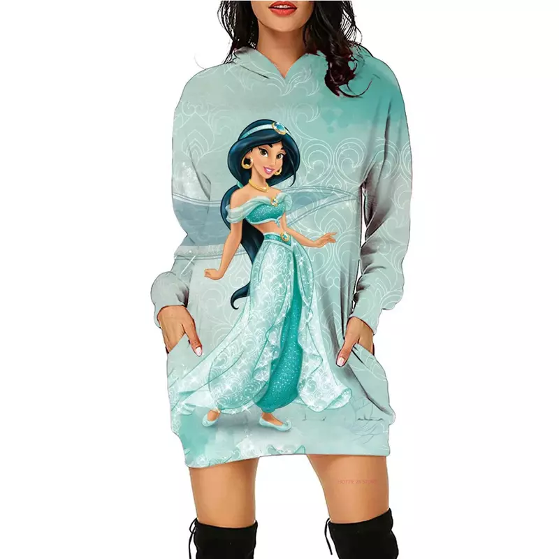2023 New Disney Jasmine Princess Hoodie Dress Sweater Fashion Disney Dress Sweatshirt Dress 3d Allover Printed Hoodie for Women