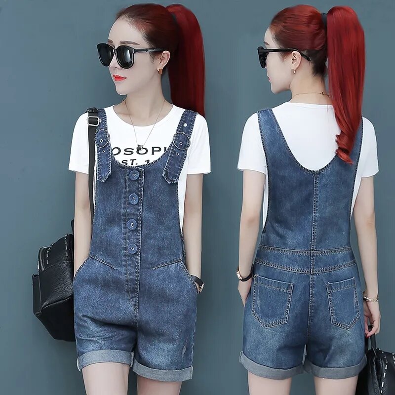 Dżinsowe kombinezony damskie letnie luźne jednolite jeansy na szelki dżinsy dla studenta kombinezon koreański styl Casual jeansowe szorty pasiaste sukienki