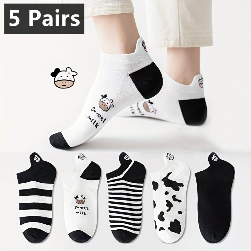 ถุงเท้าพิมพ์ลายวัวน่ารักสำหรับผู้หญิง5คู่ถุงเท้าพิมพ์ลายสุดสร้างสรรค์สำหรับถุงเท้าข้อต่ำ