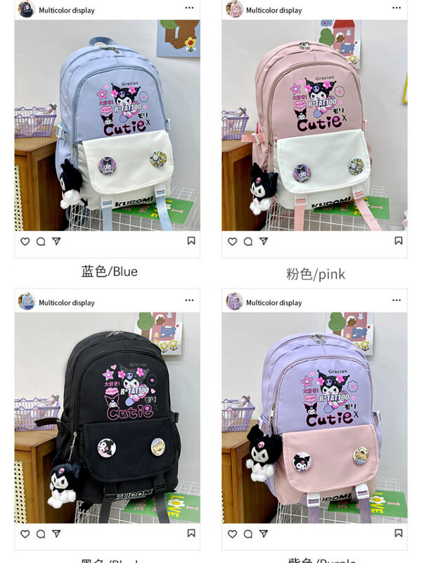 Kuromi-mochila escolar con insignia para estudiantes de primaria y secundaria, mochila escolar bonita de gran capacidad para mujeres