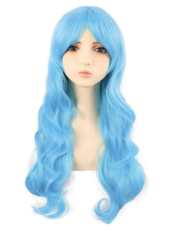 Cos peruka kobiece długie włosy Anime duża fala kręcone 70cm jasnoniebieskie niebo Qi boczne grzywki nakrycia głowy