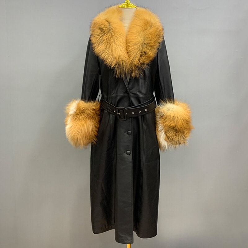 Women's Long Leather Coats 2022 Winter Windproof Real Fox Fur Collar Jacket Fur Cuff Solid Belt Fashion Outerwear Overcoat 7930B