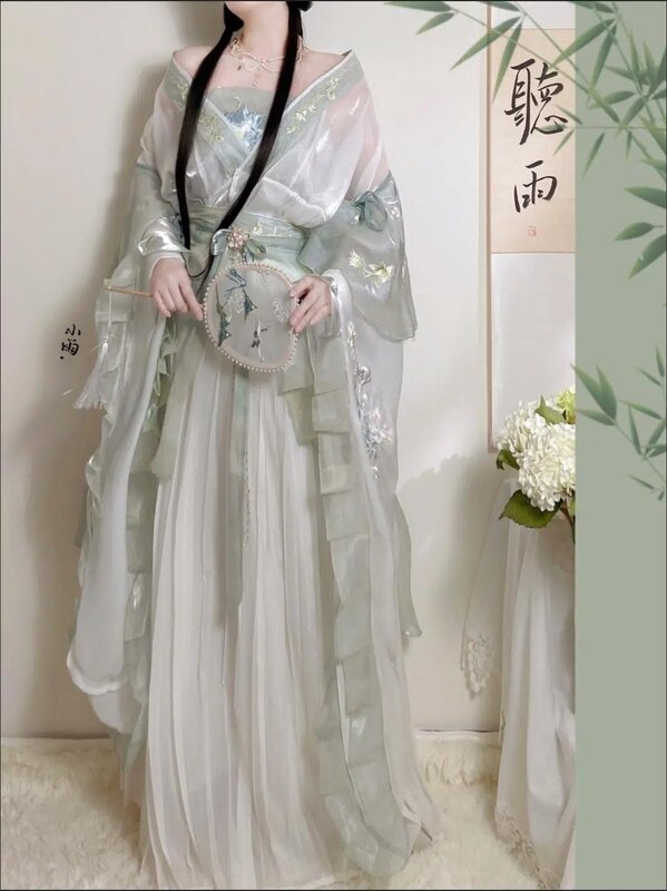 ชุด Hanfu จีนปักดั้งเดิมสำหรับผู้หญิงชุด Hanfu ชุดคอสเพลย์ผู้หญิงสีเขียวเทศกาลชุดเดรสเต้นรำ Hanfu