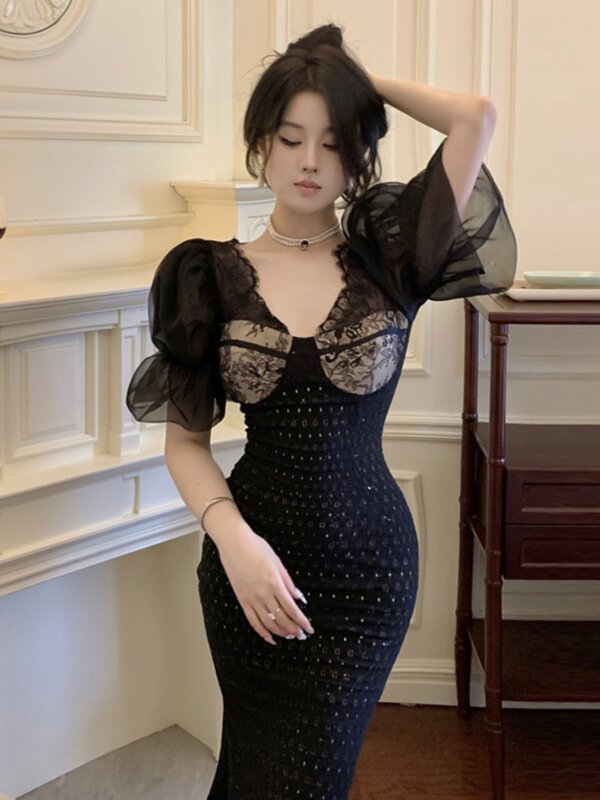 Harajpoo Social ite Style Bubble Sleeved Kleid Französisch Stil hoch taillierte Slim Fit Gesäß gewickelt mittellange schwarze Vestidos