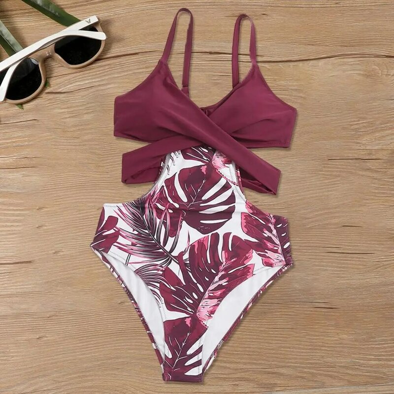 V-neck One-piece Bikini Stylish Leaf Print V-neck Monokini for Women Slim Fit Backless One-piece Swimsuit with Hollow for Summer