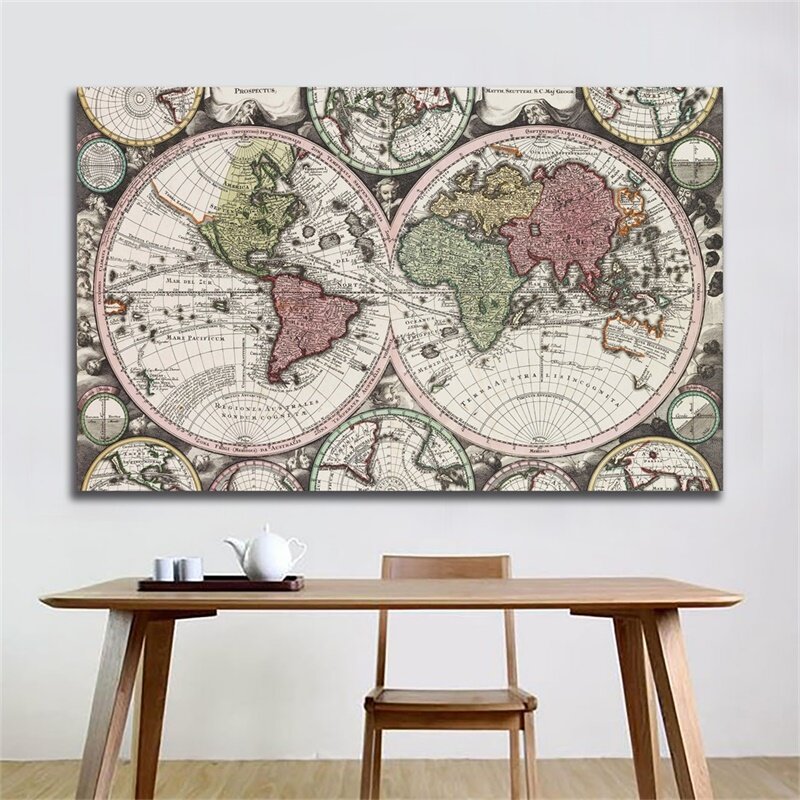 Póster Vintage de mapa del mundo para decoración del hogar, lienzo no tejido, impresiones artísticas de pared, suministros escolares, 59x42cm