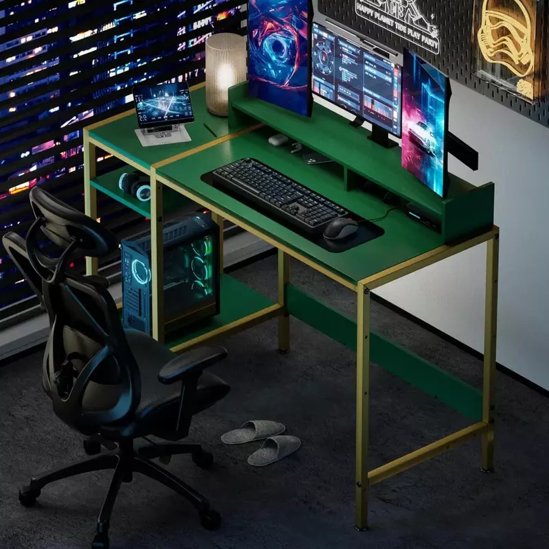 Komputer do gier biurko ze schowkiem, podstawa monitora 47 "małe, biurko na 2 monitory, regulowany przestrzeń magazynowa, nowoczesny