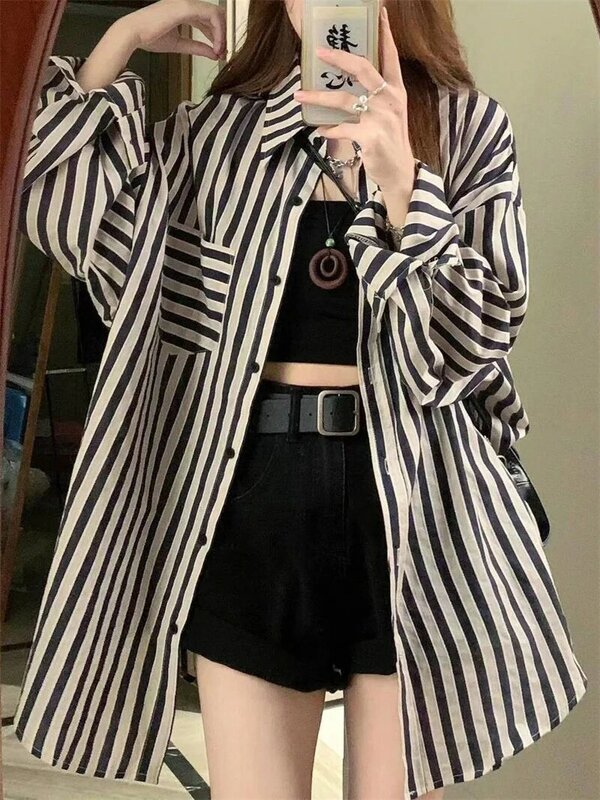 Hong Kong Striped Long Sleeved Shirt for Women in Spring/summer 2024 New Thin and Trendy Korean Version top Medium Length Jacket
