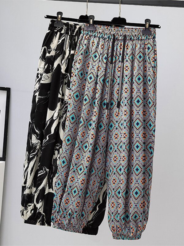 Pantalon en mousseline de soie pour femmes, grande taille, élastique, taille haute, imprimé géométrique, mode décontractée, Fjadt, plissé