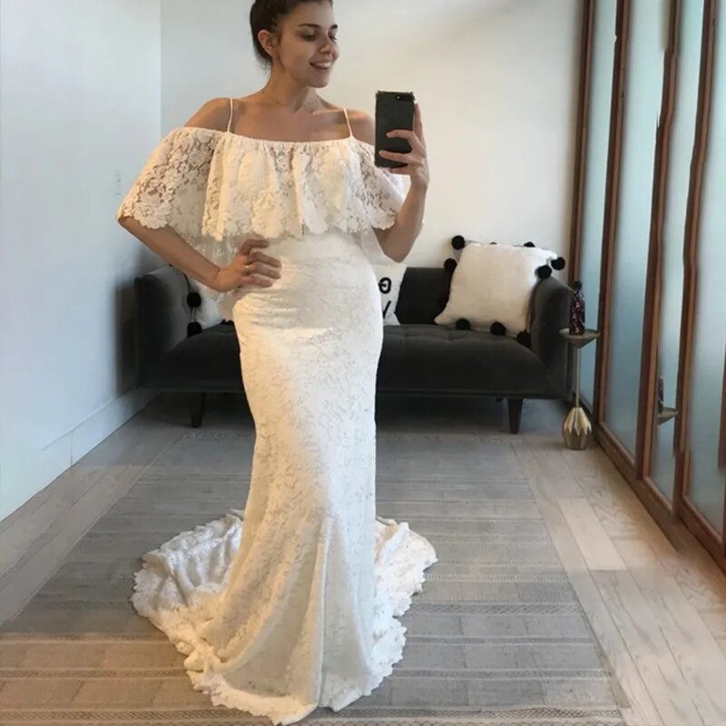 Женское свадебное платье It's yiiya, белое кружевное платье до пола на тонких бретельках с вырезом лодочкой и юбкой-годе на лето 2024
