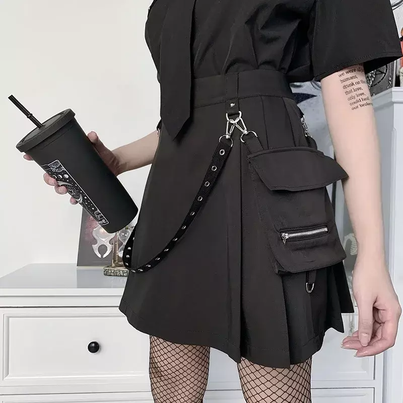 Harajuku Punk gotico nero a vita alta gonne nere donne Sexy Patchwork fasciatura Mini gonna nera Streetwear femminile