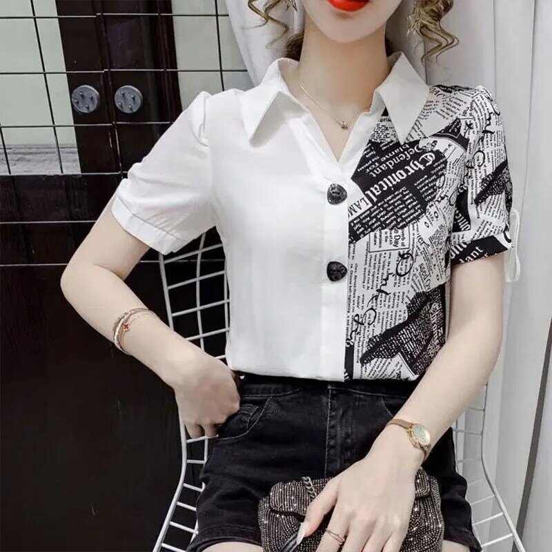 Elegant Fashion Harajuku Slim Fit Female Clothes Loose Casual All Match Tops Women Patchwork Printed Button Short Sleeve Blusa