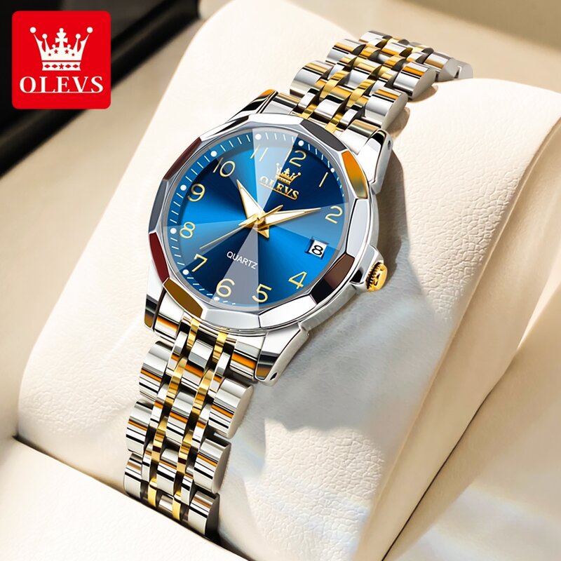OLEVS Original Luxury Women's Watches Stainless Steel Strap Calendar Quartz Prismatic Mirror Surface Digital scale Female Watch