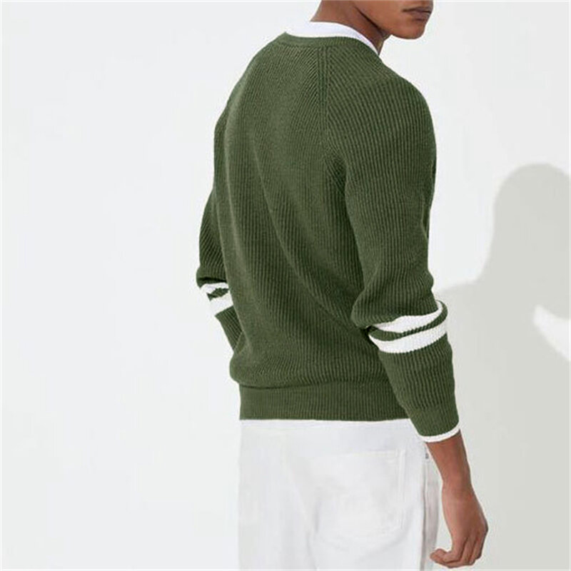 Suéteres listrados vintage para homens, pulôver gola redonda, moletons de malha, roupas elegantes, tops outono e inverno