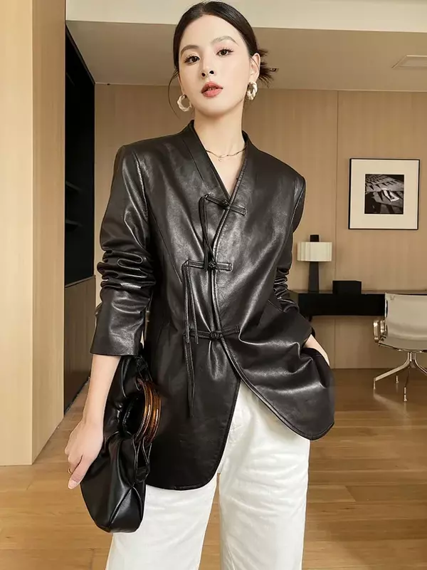 Женская винтажная куртка из натуральной кожи, с V-образным вырезом, осенняя простая однобортная облегающая куртка из натуральной овчины, 2024