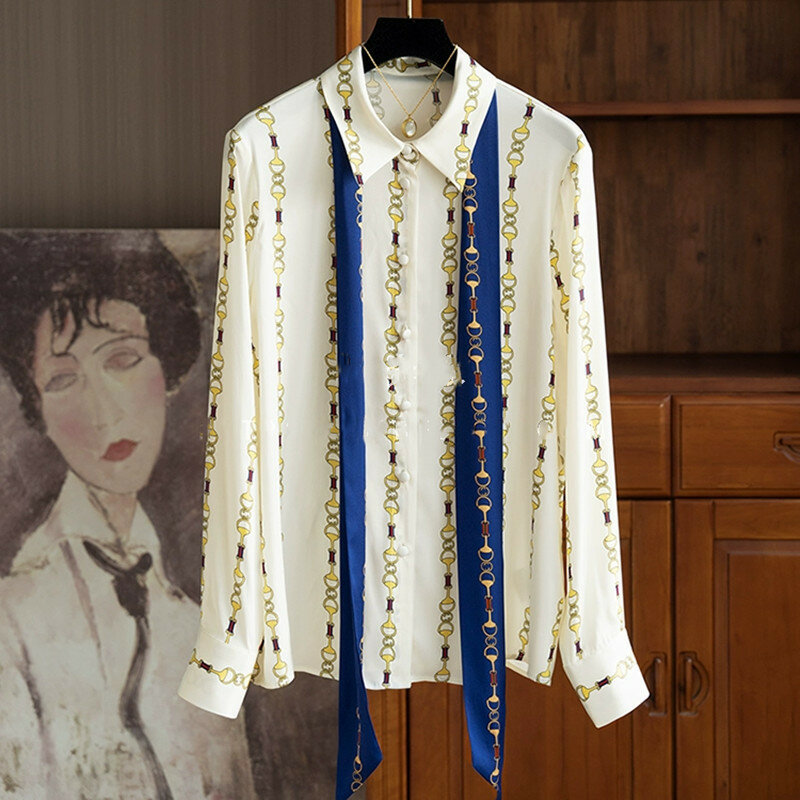 Camisa de solapa de seda de morera de alta calidad para mujer, cinta impresa de cadena de temperamento, camisa de seda de Color contrastante, elegante Y2k