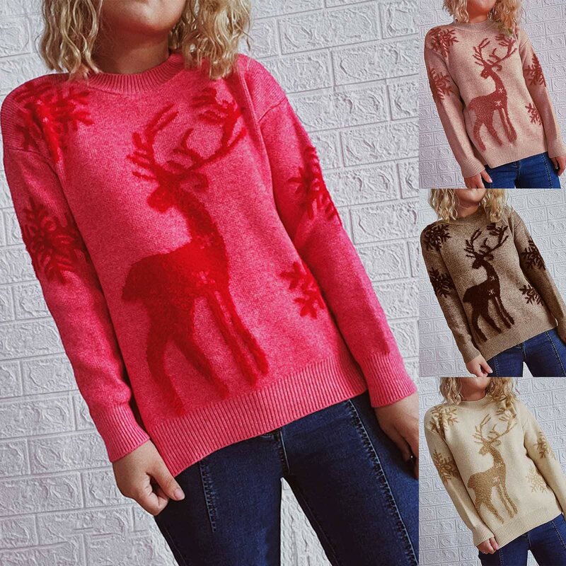 Women Crew Neck Long Sleeve Christmas Sweater Snowflake And Deer Pattern Thick Knit Female Pullover Sweater
